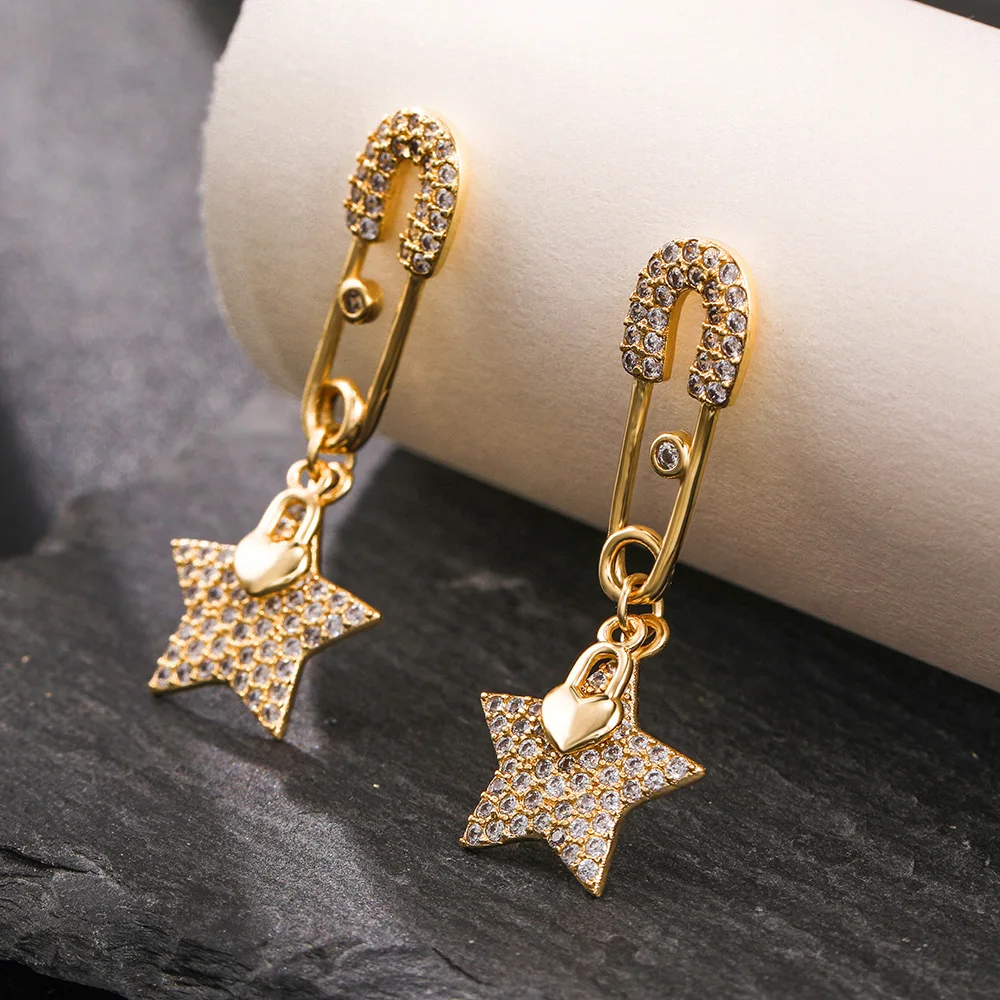 

Creative Design 18K Gold Plating Inlaid Diamond Heart Lock Safety Pin Pendant Earring CZ Zircon Pin Star Drop Earrings