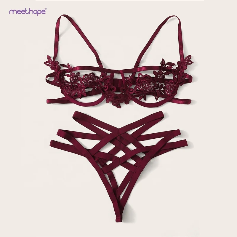 

2019 Black Harness Appliques Underwire Sexy Intimates Thongs V-String Transparent Bra Brief Sets For Women, Existing or as customer's require