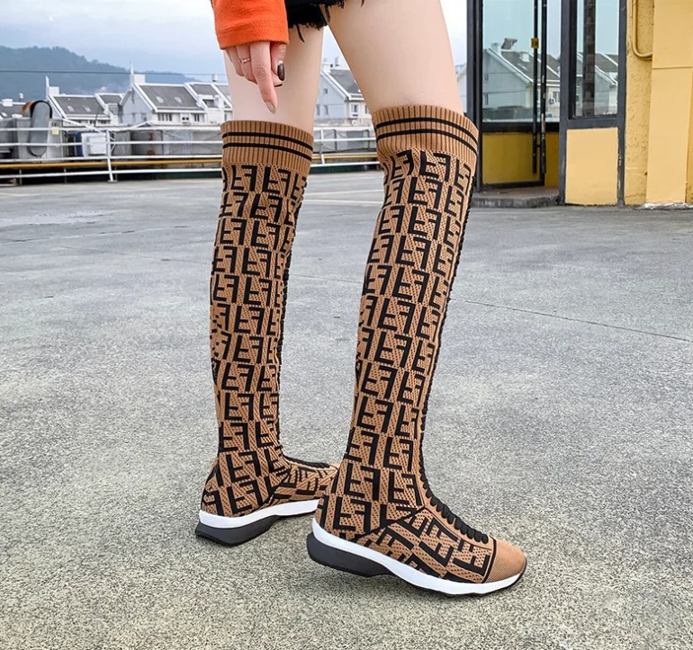 

knitted sports shoes knee boots autumn 2021 new knitted tigh high boots women socks boots fashion casual shoes, White, brown