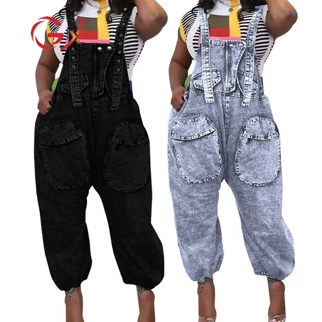 

GX2608 New Streetwear Fashion Women Cargo Overalls Denim Jeans Loose Suspender High Waist Casual Trousers Pant