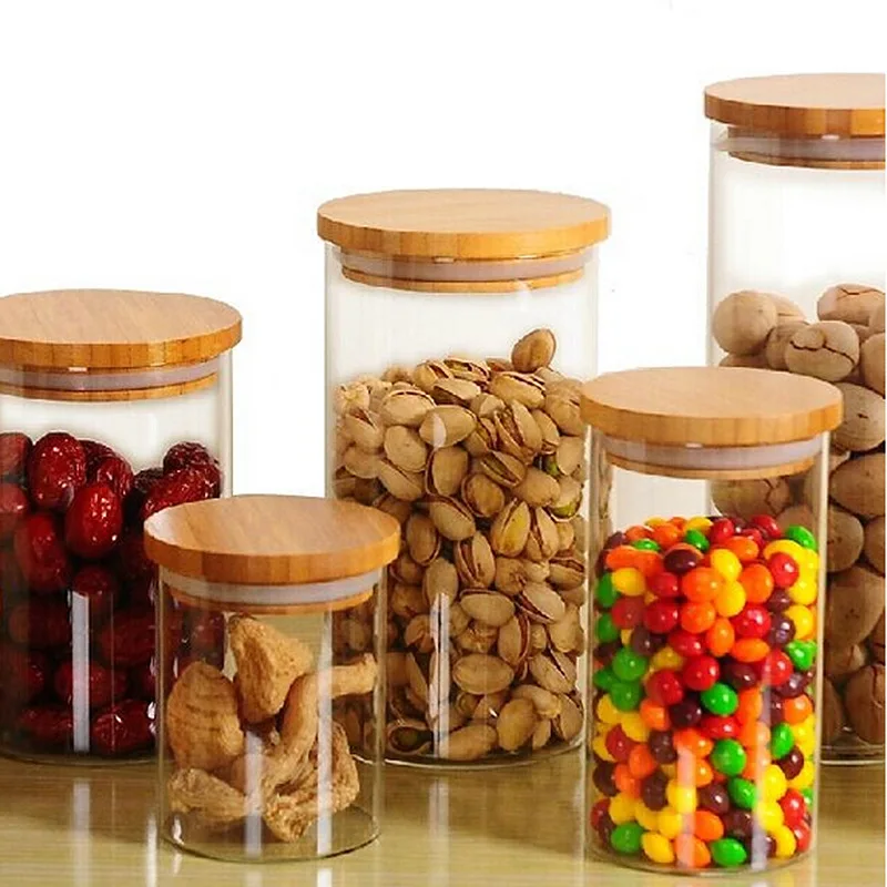 
High Borosilicate Airtight Food Cookie Glass Jar Container Small Glass Spicy Jar With Wooden Lid 