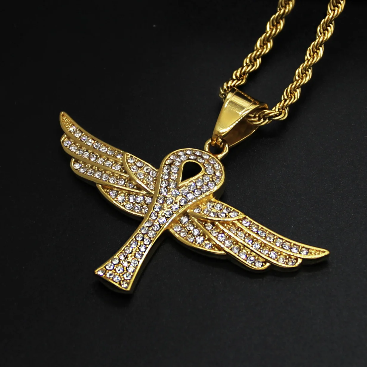 

Newest Punk Iced Out Crystal Rhinestone Angel Cross Necklace 316L Stainless Steel Full Diamond Wings Necklaces