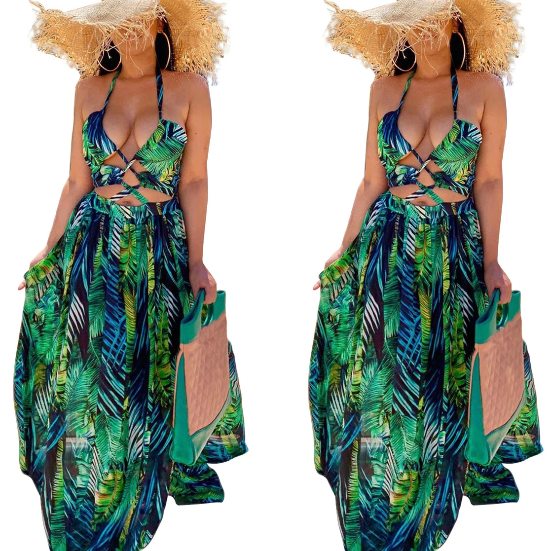 

FS1714D bandage Printing Lady Elegant dress women casual Maxi Long Dresses