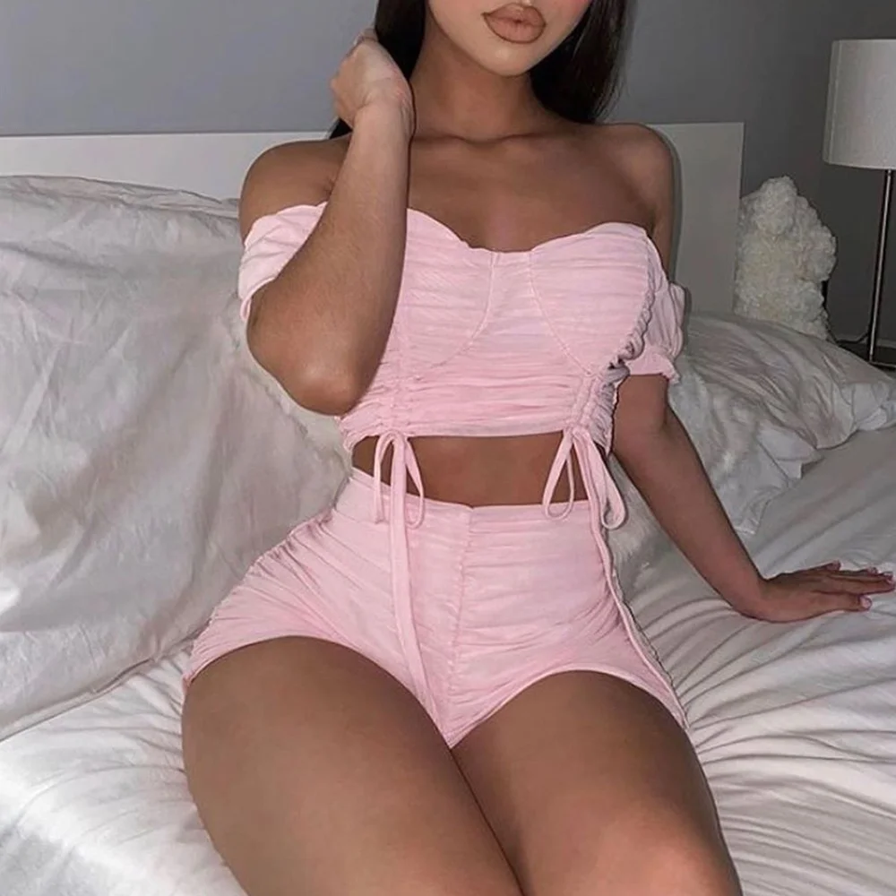 

B53092A Best selling lady fashion mesh high waist hot shorts with tops, Pink/white