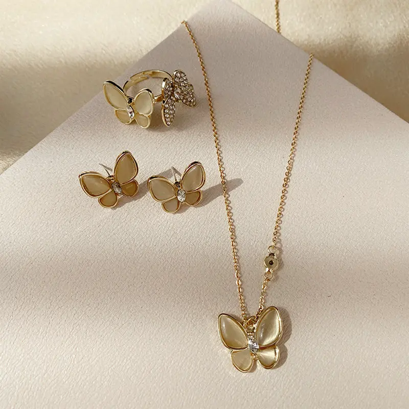 

2020 New Style Butterfly Necklace set Brass Ear Stud Ring Set Light Luxury Ornament Clavicle Chain Opal Earrings Necklace set