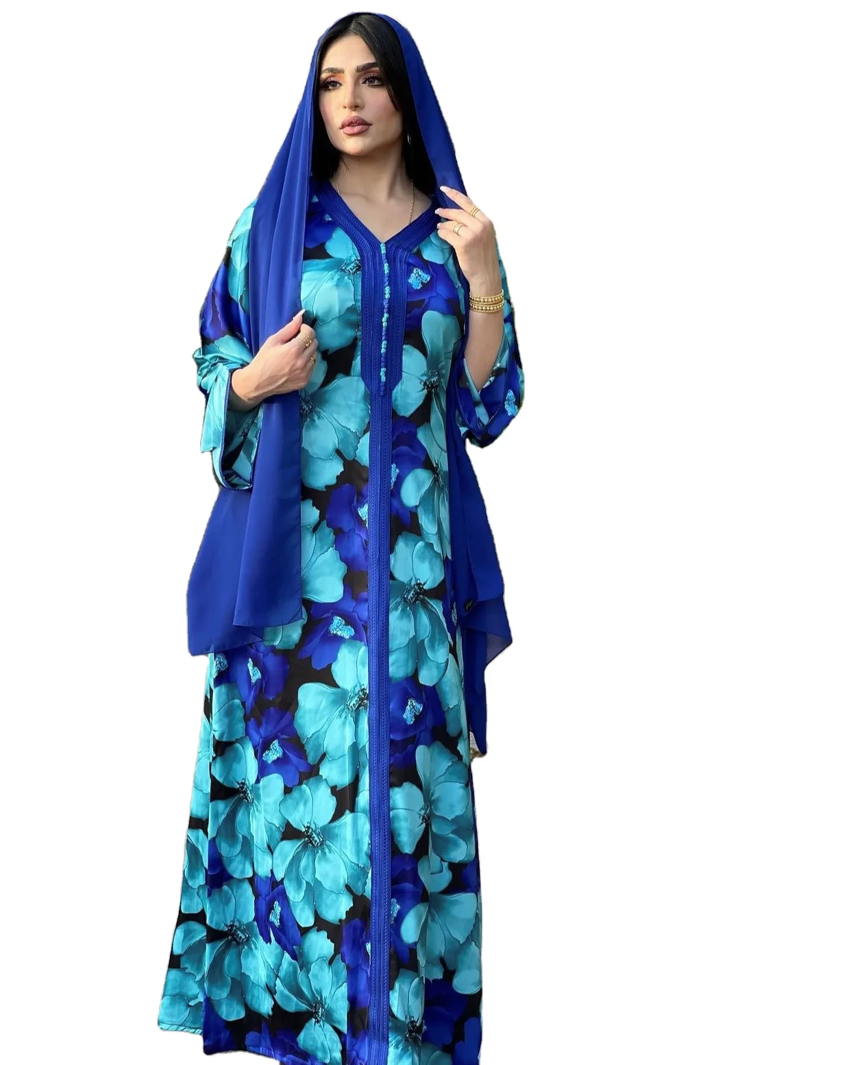 

New Arrival Middle Eastern Women Printed Long Lace Muslim Robe Turkey Dubai Ladies Dress Abaya, As pictures