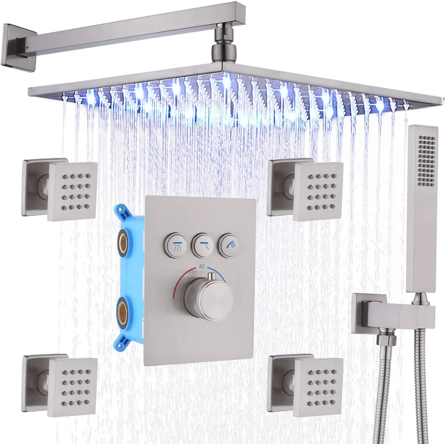 

Concealed LED rainfall Thermostatic Bathroom shower Fixture System set with 4pcs Shower Jets and Hand shower kit