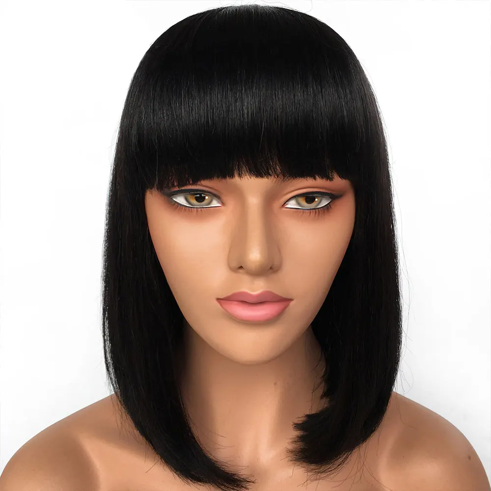 

Colored Red Blonde Short Silky Straight Remy Brazilian Hair Blunt Cut Bob Wigs Human Hair Wigs with Bangs