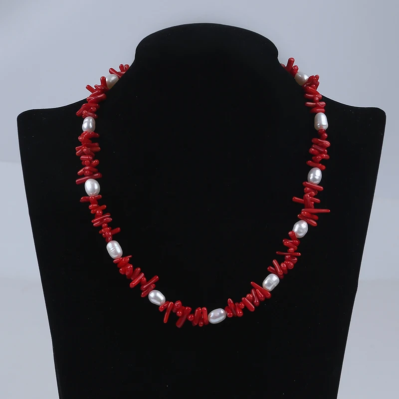 

Fashion Women 8-10mm Freshwater Pearl Handmade Multilayer Red Coral Beads Necklace For Sale