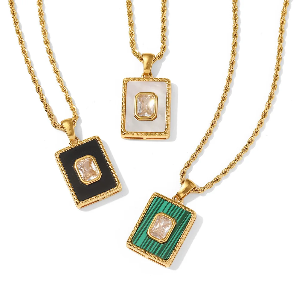 

New Stainless Steel Rope Chain Necklace White Zircon Malachite Square Pendant Necklace for Women