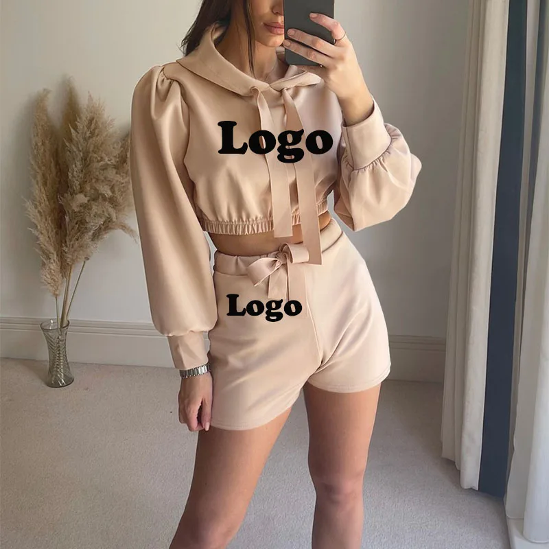 

Custom Logo Casual Solid Color Long Puff Sleeve Sport Hooded Women Two Piece Short Set