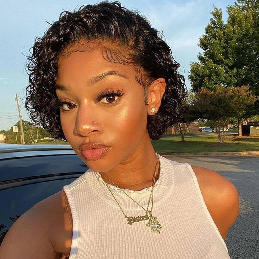 

CoolBella 10A Perruque Short Natural Pixie Cut Wig Human Hair Curly Bleached Knots Lace Frontal 13x1 Pixie Wig With Baby Hair