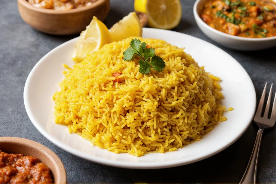 Plated cumin rice with vibrant yellow hue, garnished with fresh cilantro and lemon wedges, served alongside complementary dishes