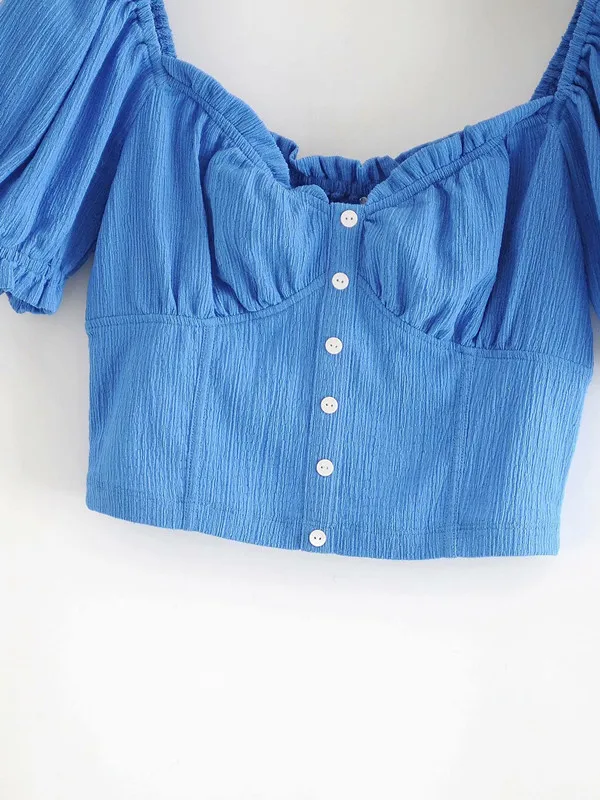 Cs981 New Women's Simple Blue Color V Neck Short Sleeve Crop Top Ladies