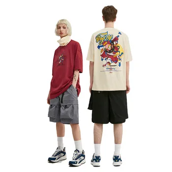 

wholesale New Design Short Sleeve 100% Cotton Screen Printing Unisex Graphic Tshirts Loose Fit Men Hip Hop Cartoon T Shirts, Black, wine red, apricot