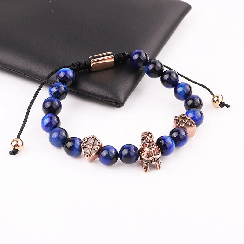 

New Design Natural Stone Jewelry Men Blue Tiger Eye Vintage CZ Helmet Charm Macrame Bracelet