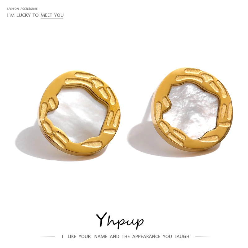 

JINYOU 1626 Simple Gold Metal 18K Round Earrings 316L Stainless Steel Natural Shell Stud Earrings Jewelry