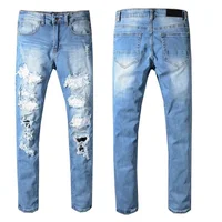 

New Italy Style #549# Men's Distressed Destroyed Pants Crystals Patches Blue Skinny Biker Jeans Slim Trousers Size 29-40 denim