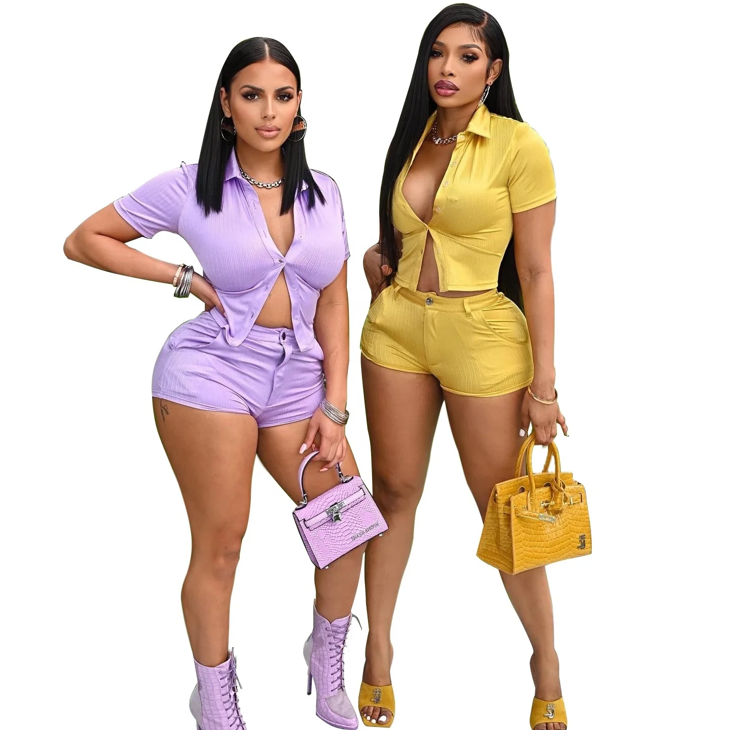 

OSM-SJ3337 sexy women short sleeve shirt casual two piece suit shorts pant set
