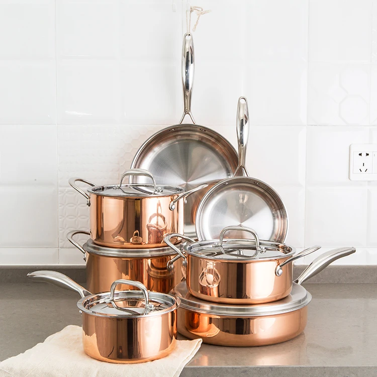 

Fashionable kitchen ware copper cookware set stainless steel cooking pan with lid tri-ply copper saute pan, Copper color