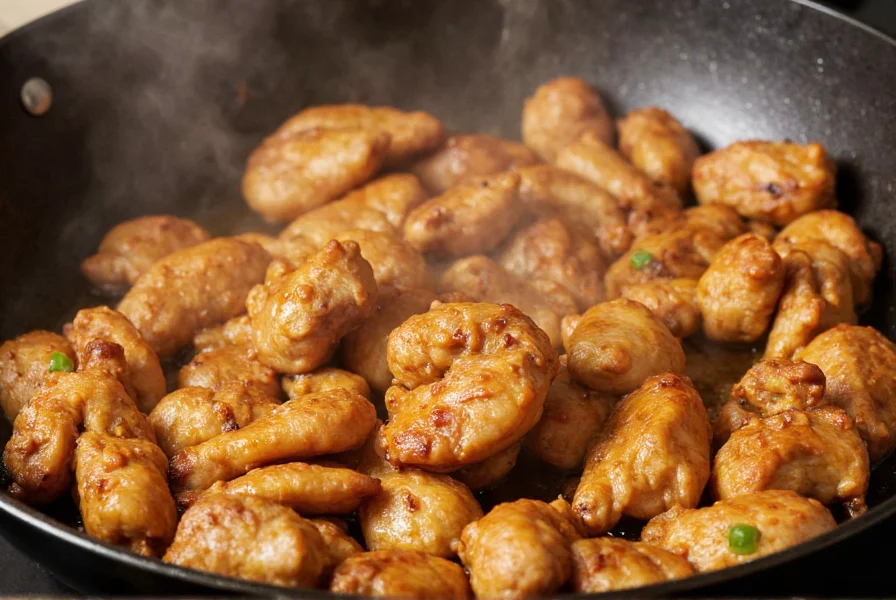 Close-up of pepper salted chicken being tossed in wok with visible steam