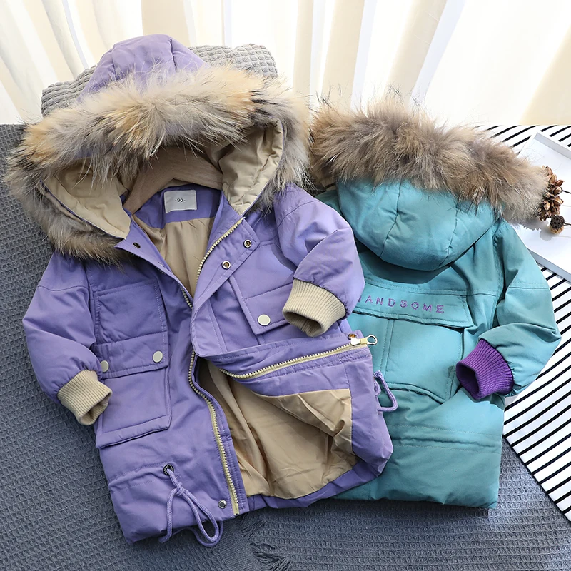 

Factory Customization Canvas Pockets Hooded Warm Winter Coats Baby'S White Duck Down Jackets For Kids