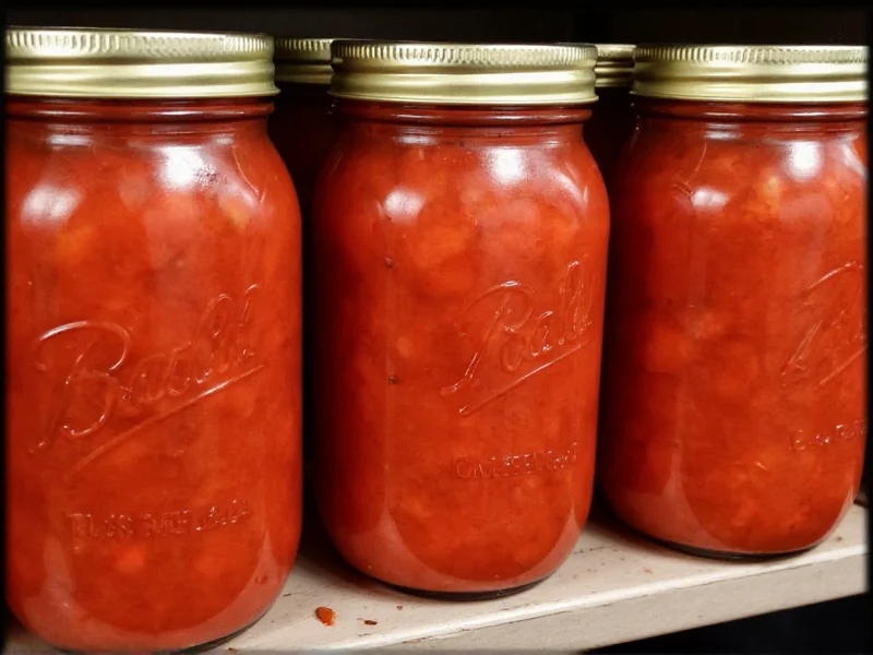 Shelf of properly canned salsa jars