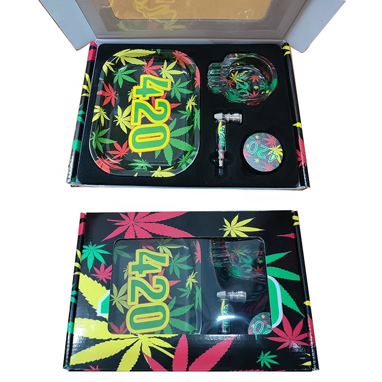 

New Gift Packing Smoking Kit Custom Logo Herb Grinder Smoking Pipe Ashtray Rolling Tray Smoking Accessories Set, Different 10 designs