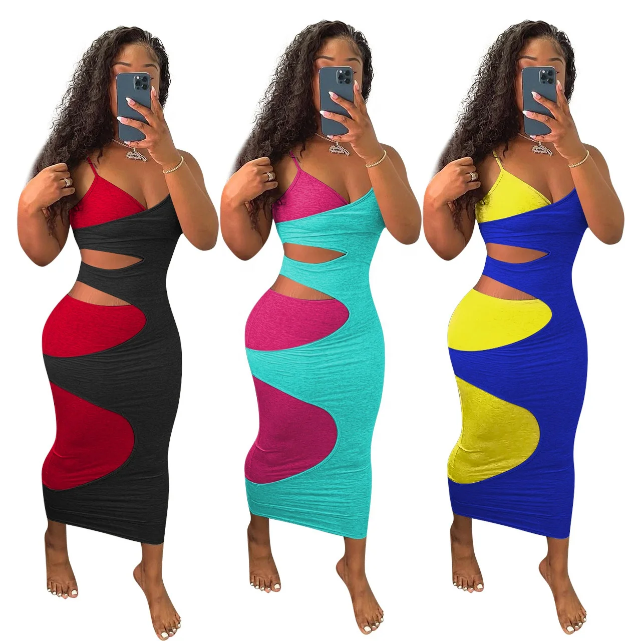 

women summer clothes 2021 hollow out contrast color dresses nightclub summer maxi dresses wrap dress, 3 colors