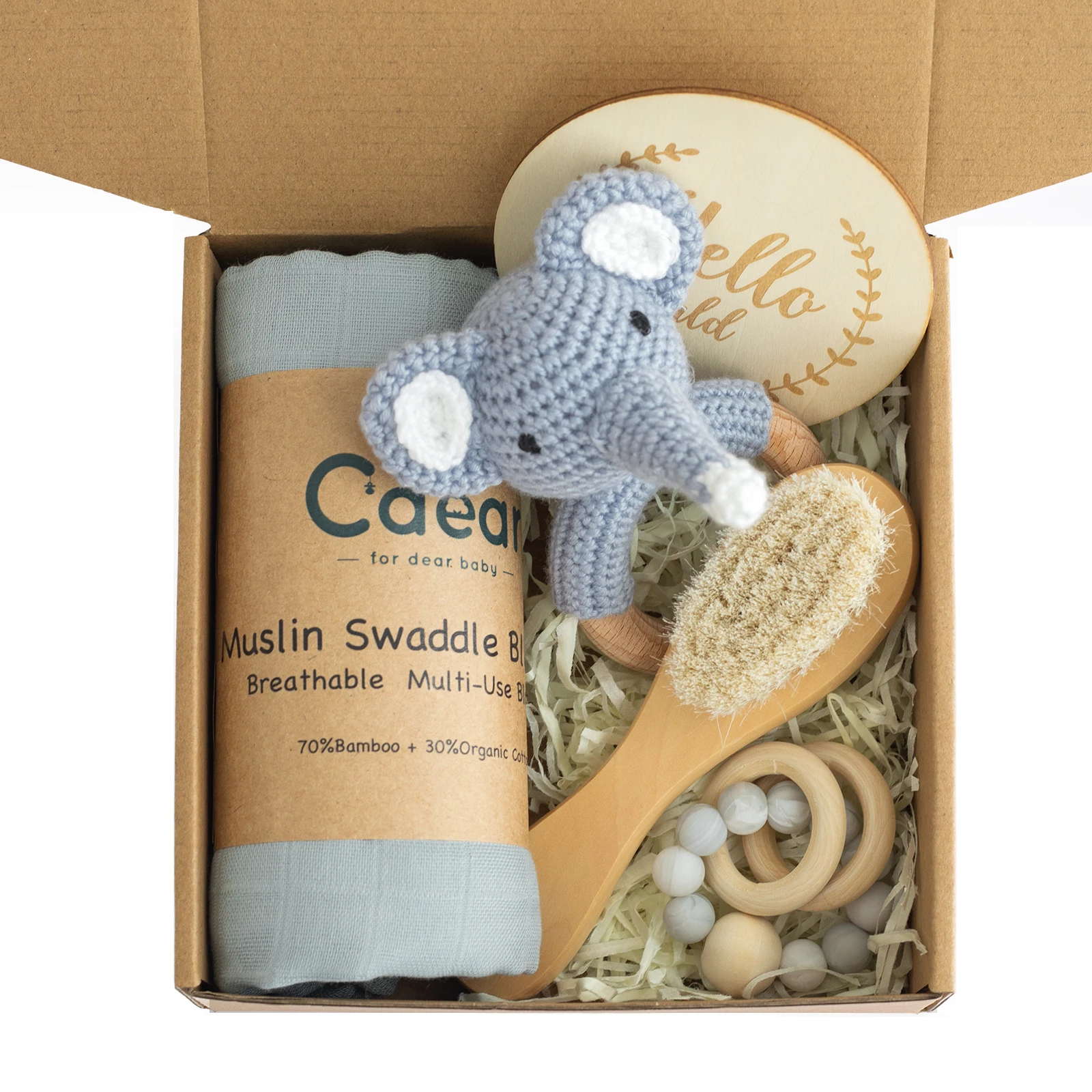 

C'dear Newborn Shower Gift Set Box Souvenir Baby Cotton Blanket Teething Baby Rattle Milestone Wooden Toy Set, Customized color