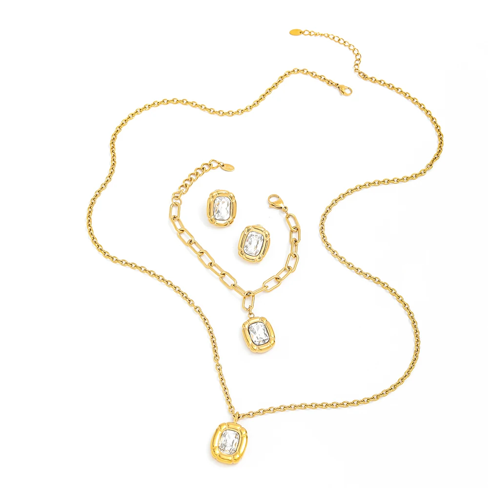 18K Gold Plated Vintage Texture Stainless Steel Jewelry Set Big Zirconia Oval Pendant Necklace Bracelet Earring Link Trendy