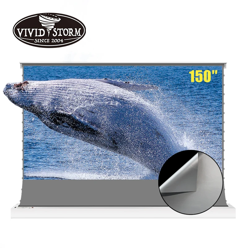 

Vividstorm 150 inch Tab tension motorized projection screen with 3D grey ALR screen with 1.2 gain for 4K long throw projector