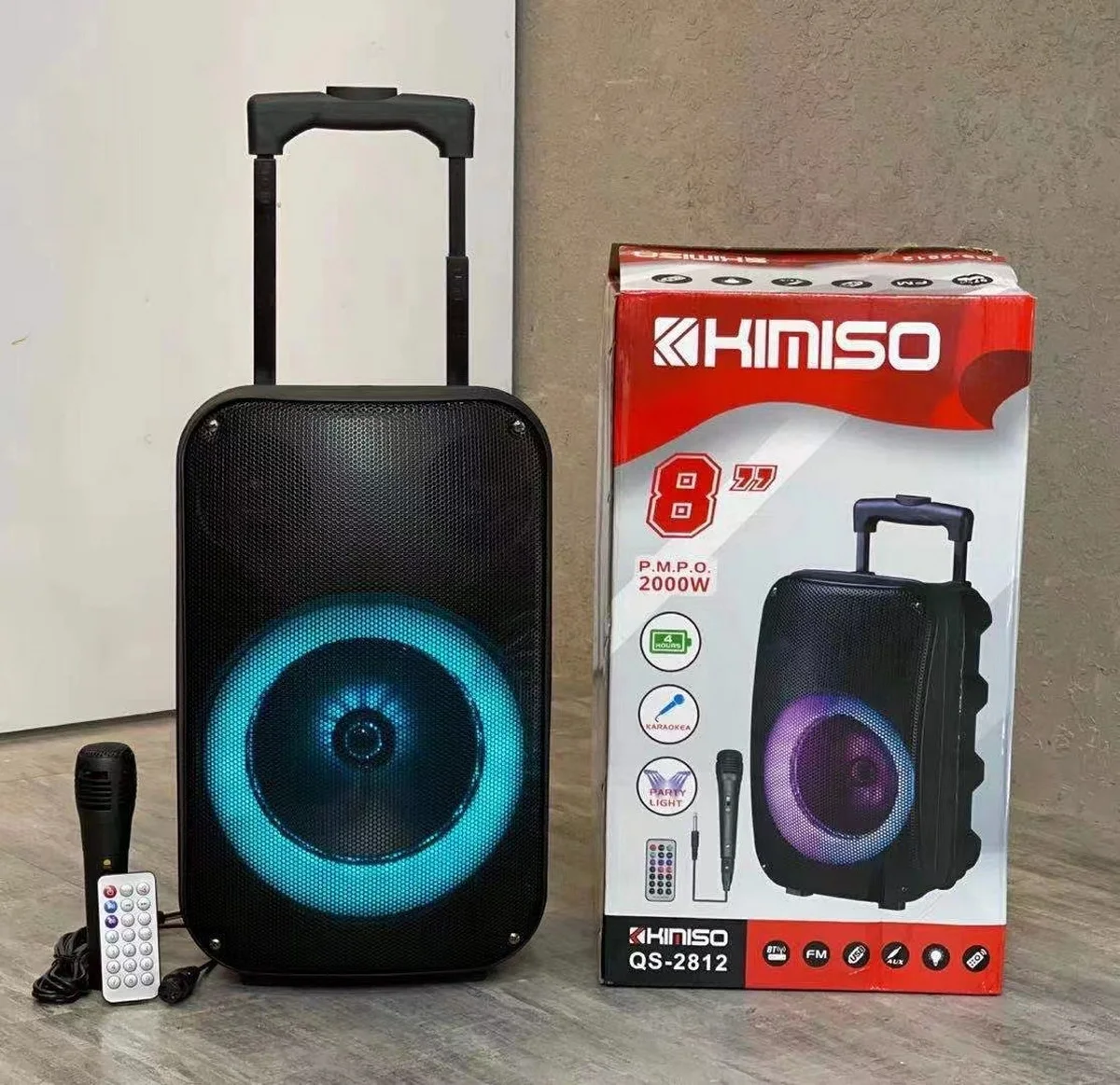 

QS-2812 Kimiso New arrival 8inch speaker quality sound wireless trolley speaker with wired MIC