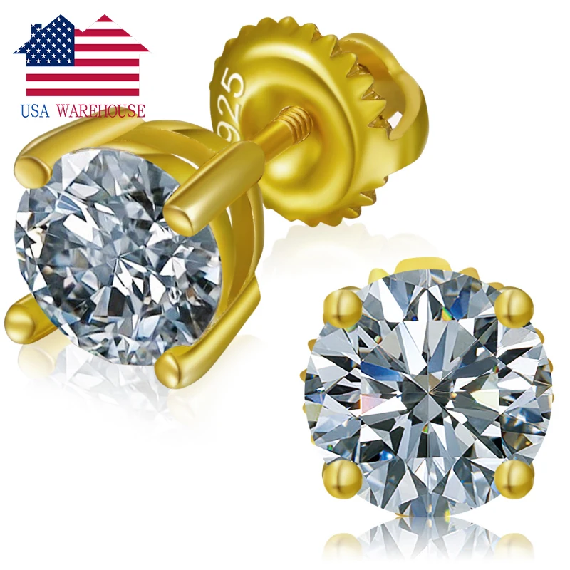 

Drop Shipping USA Stock Luxury Women 18K Gold Plated Classic 6.5mm 1ct VVS Moissanite Diamond Stud Earrings, Silver/gold
