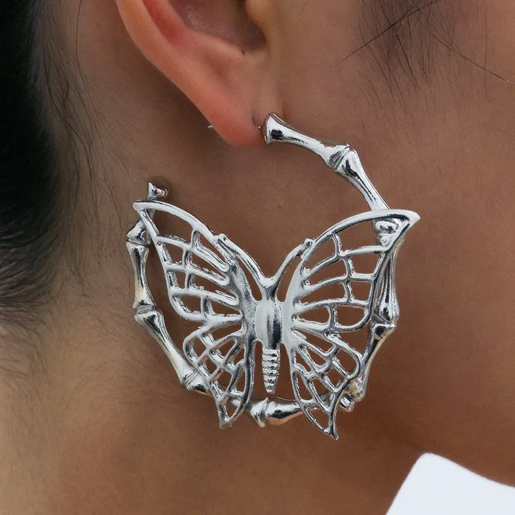 

Korean Gothic Silver Color Butterfly Hoop Earrings Big Bamboo Hollow Butterfly Bamboo Earring, Picture