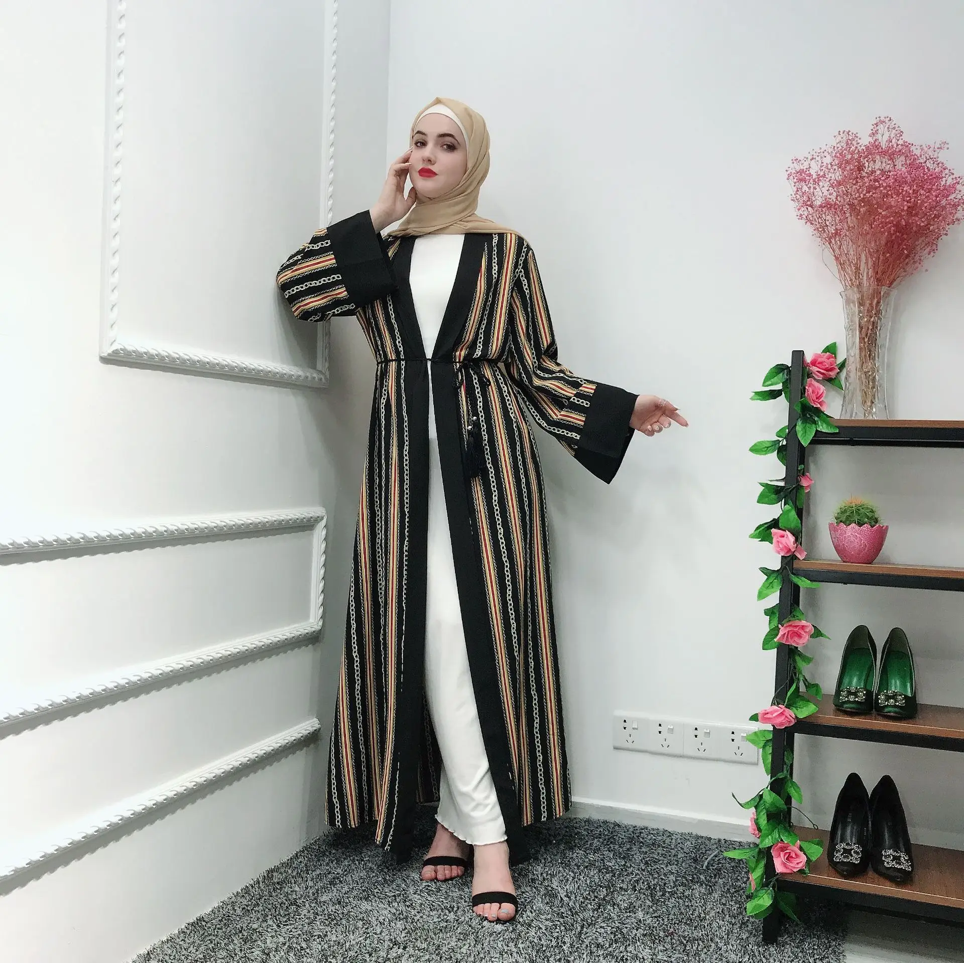 

Islamic clothing abaya kimono robe wholesale stripe abaya with belt