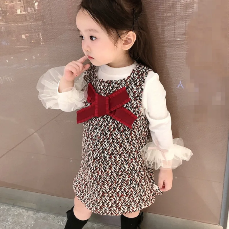 

Girls British Style Bowknot Woolen Vest Skirt And Net Yarn Cuff Bottoming Shirt Suit, Red