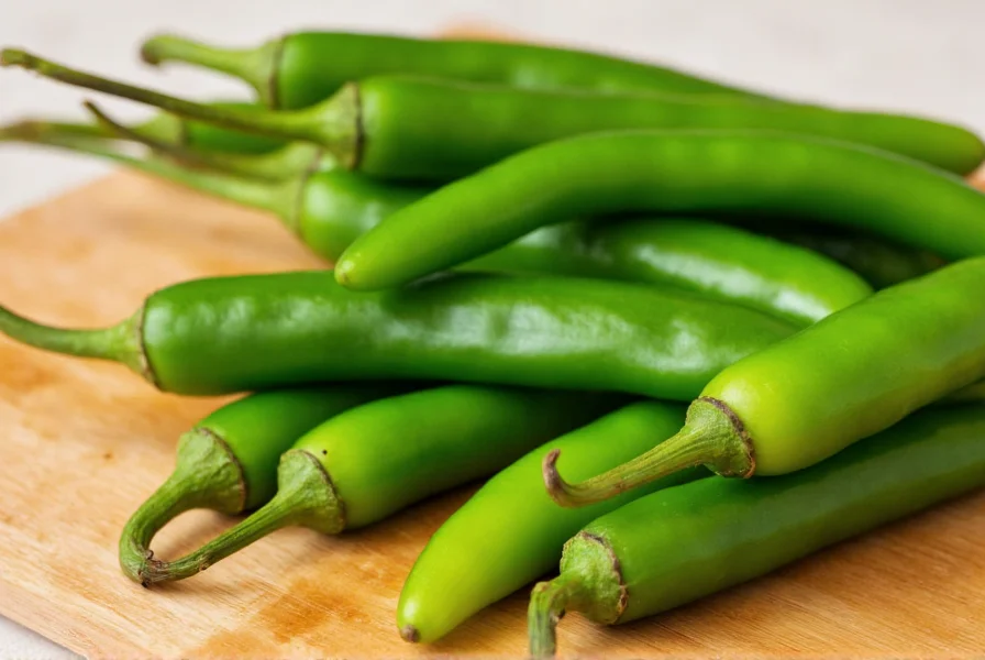 Close-up view of fresh Serrano peppers showing their slender shape and vibrant green color on a wooden cutting board