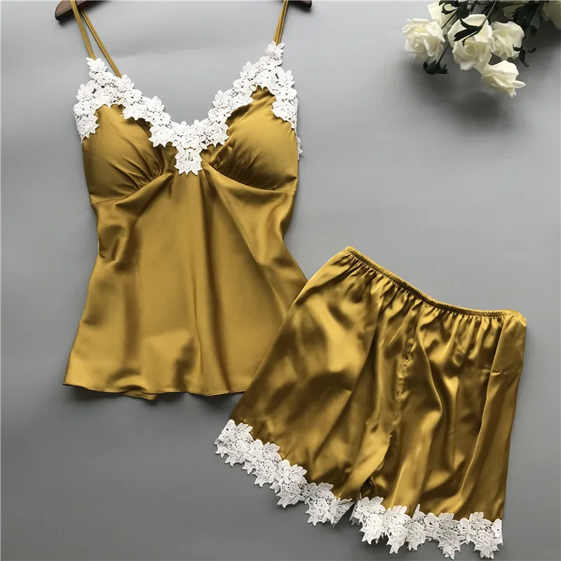 

SFY1218 2020 New Sexy Women Satin Sleepwear Lace Silk Print Camisole Shorts Lingerie Underwear pyjama femme pajamas Hot