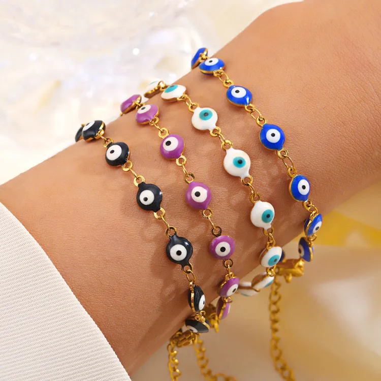 

G2289 Wholesale Stainless Steel Enamel Colorful Dripping Oil Round Turkish Devil Eye Charm Fashion Jewelry Bracelets & Bangles