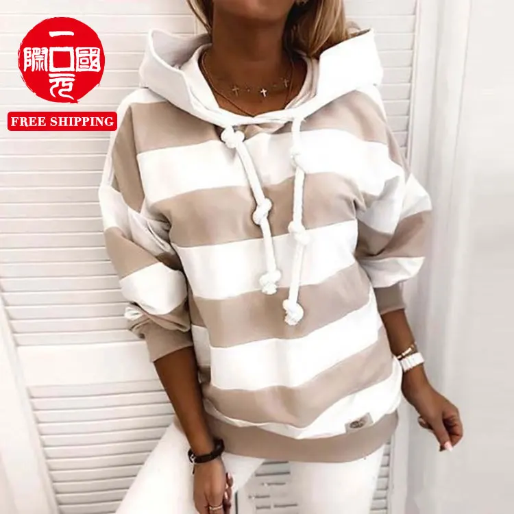 

2021 autumn striped ladies long-sleeved hooded sweater casual all-match top