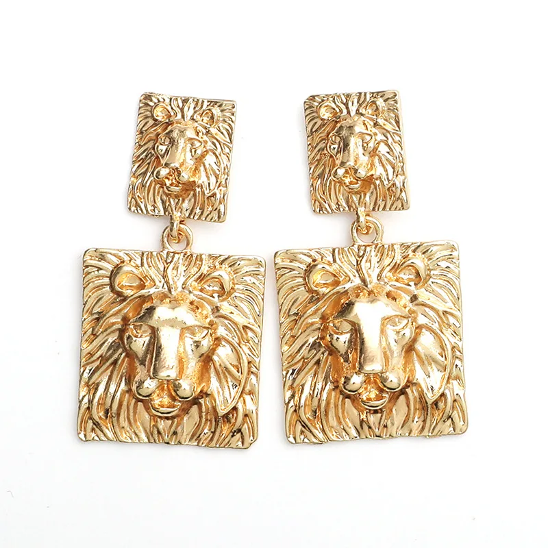 

Exaggerated Gold Tone Geometric Stud Earring Metal Texture Lion Pendant Earrings Accessories Women Jewelry Statement Earrings, Picture shows