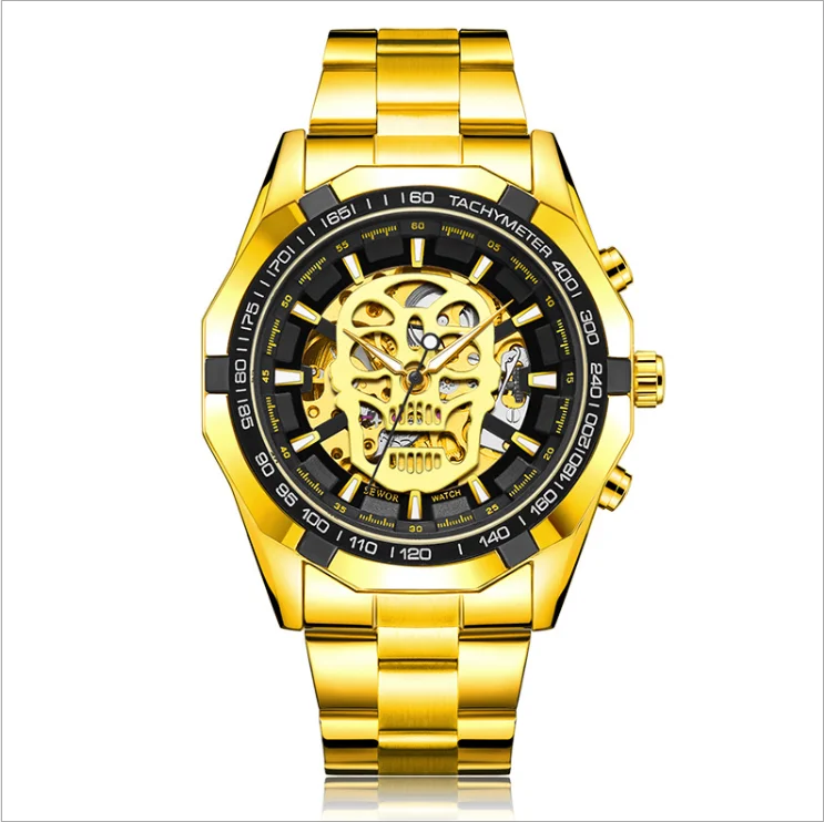 

2020 men's mechanical stainless steel frame waterproof automatic winding watch, with cool skull luminous dial, 2 colors