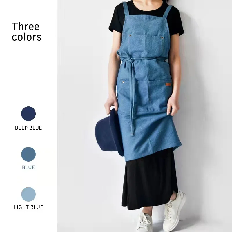 

Nordic Fashion Sleeveless Customized Adult Blue Denim Cross Back Barista Chef Kitchen Aprons With Logo