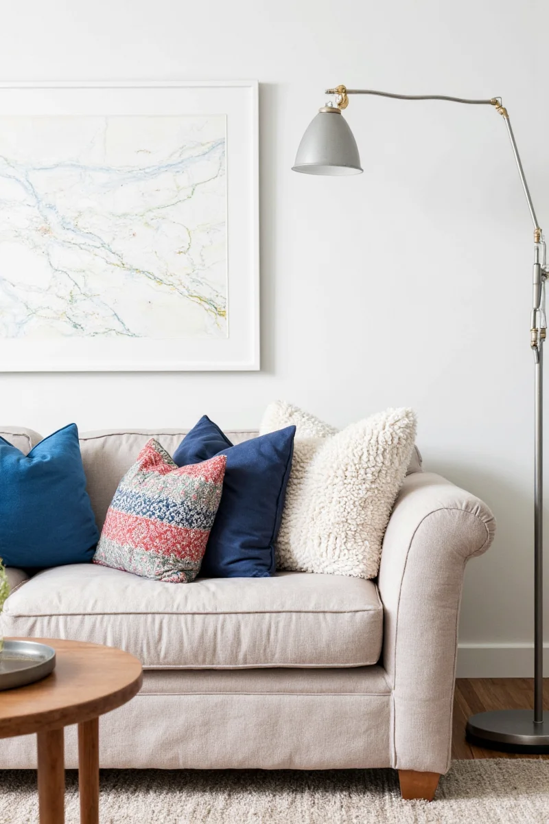 Family sitting together on a modern couch and loveseat set in a small living room