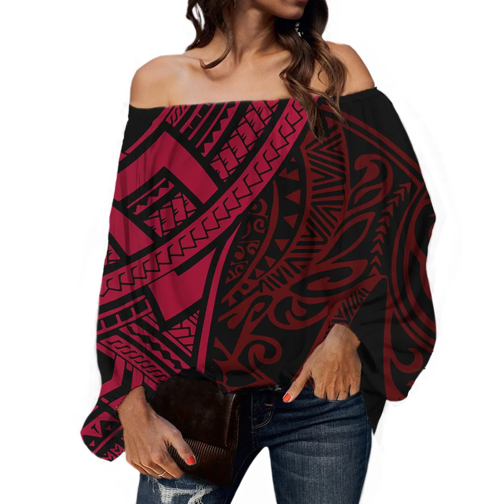 

Red Puzzle Polynesian Tribal Tattoo Designs Women's Off The Shoulder Chiffon Tops and Blouses Lantern Long Sleeve Blouses Shirts, Customized color