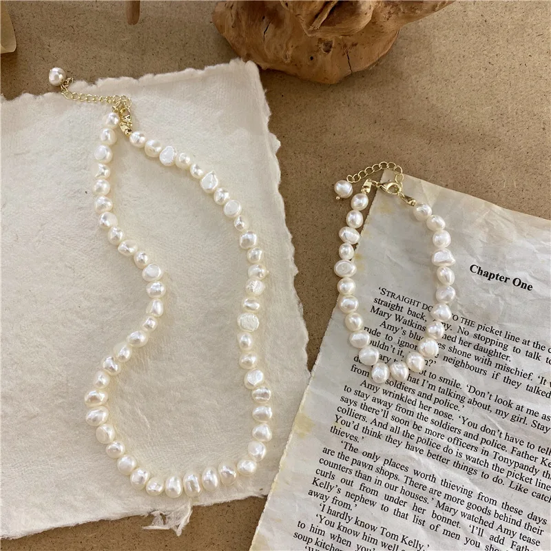 

Fashion Vintage Natural Pearl Bracelet Baroque Freshwater Pearl Necklace Advanced Jewelry Set