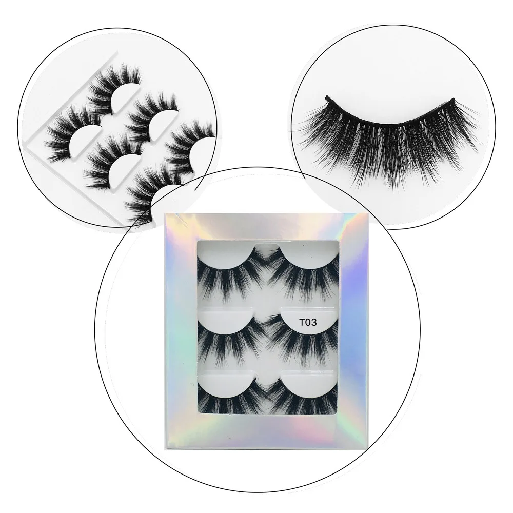 

T01-T10 3 pairs eyelashes with customize packaging box hot selling natural 3d false eye lashes vendors
