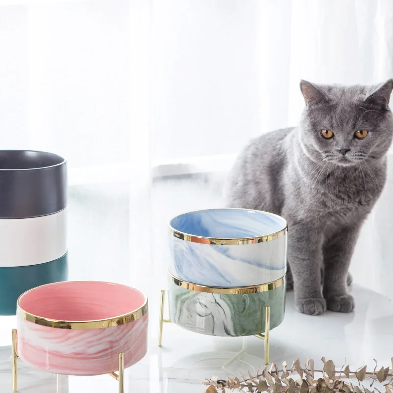 

Marbled Gold Rimmed Neck Protect Raised Ceramic Pet Cat Dog Bowl with Golden Metal Stand, Sku01-sku11