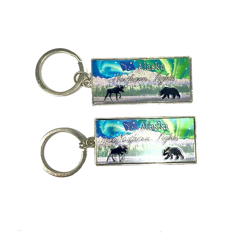 

Wholesale Custom Logo Alaska Style Rectangular Hanging Tag Tourist Souvenir Metal Keychain